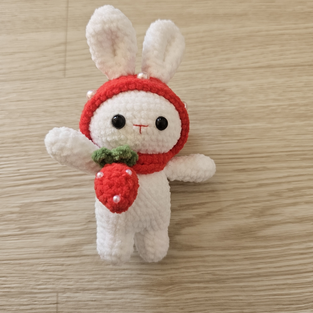 Cute White Bunny Plush with Red Strawberry